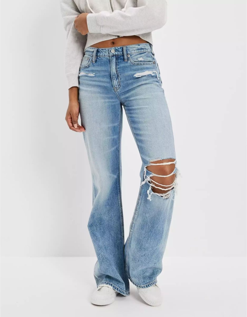 Jean American Eagle AE Dreamy Drape Ripped Low-Rise Baggy Flare Indigo Femme | WGP-62830484